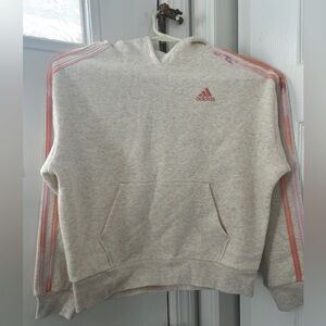 Adidas girls beige hoodie with pink peach accents. Leggings included matching.